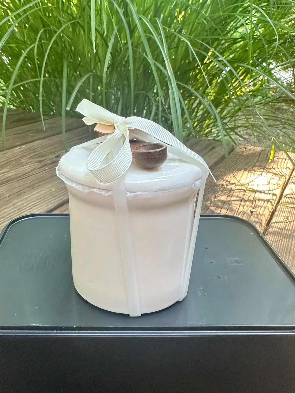 NWT Rae Dunn White Ceramic Salt Jar Canister with Lid & Mini Wooden Spoon
